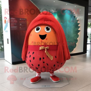 Red Melon mascot costume character dressed with a Board Shorts and Shawl pins