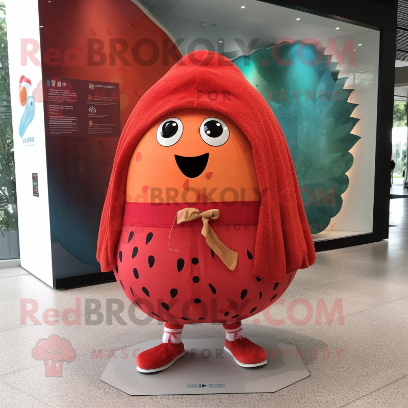 Red Melon mascot costume character dressed with a Board Shorts and Shawl pins Red Melon mascot costume character dressed with a Board Shorts and Shawl pins