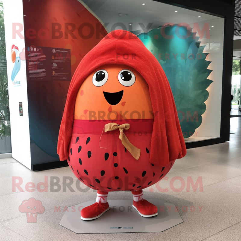 Red Melon mascot costume character dressed with a Board Shorts and Shawl pins