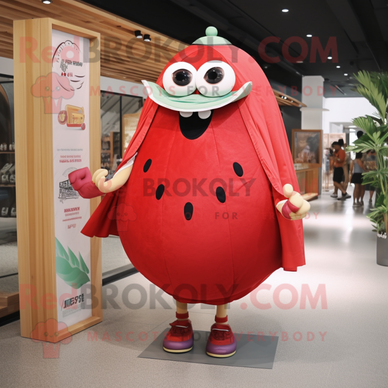 Red Melon mascot costume character dressed with a Board Shorts and Shawl pins