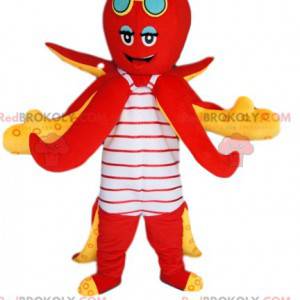 Mascotte polpo rosso con un costume da bagno a righe -