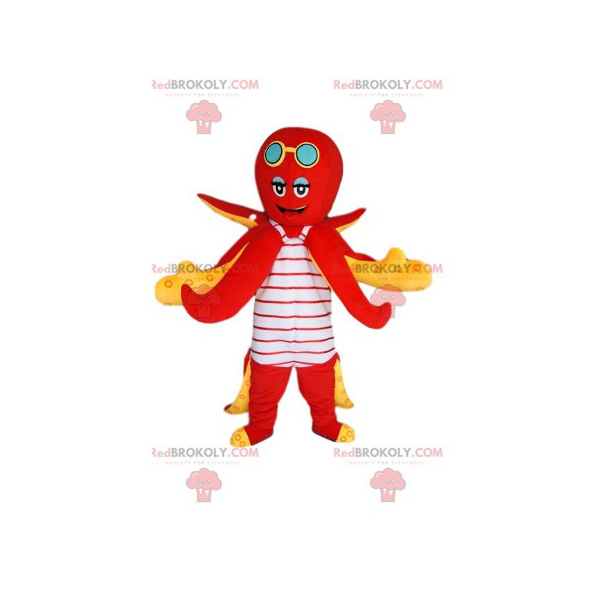 Mascot pulpo rojo con un traje de baño a rayas - Redbrokoly.com