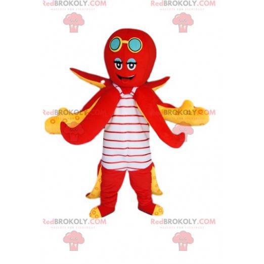 Mascotte de pieuvre rouge avec un maillot de bain rayé -