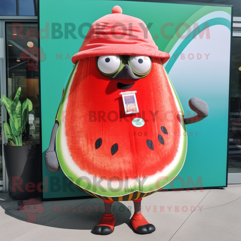 Red Melon mascot costume character dressed with a Board Shorts and Shawl pins Red Melon mascot costume character dressed with a Board Shorts and Shawl pins