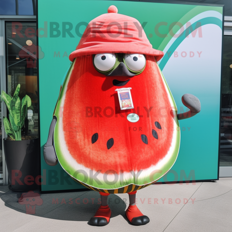 Red Melon mascot costume character dressed with a Board Shorts and Shawl pins