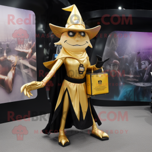 Gold Witch mascot costume character dressed with a Bikini and Backpacks