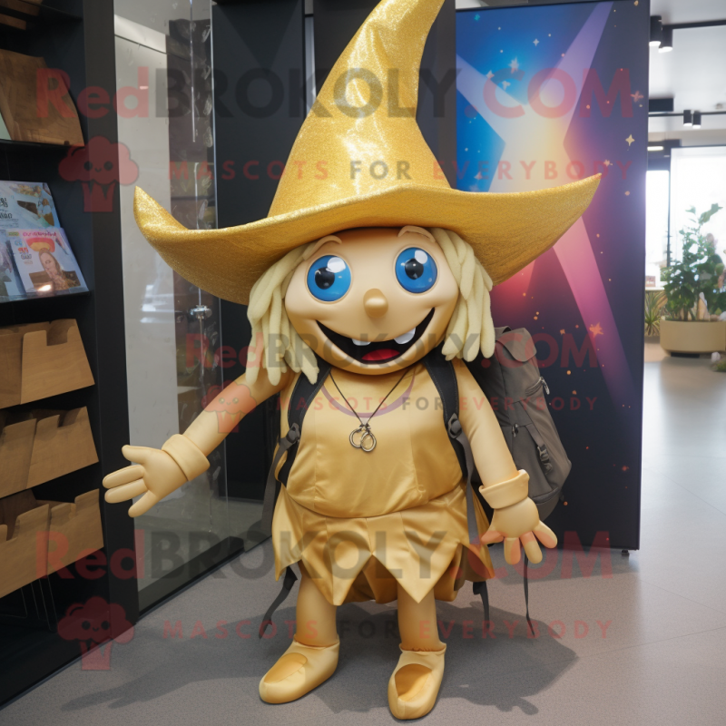 Gold Witch mascot costume character dressed with a Bikini and Backpacks Gold Witch mascot costume character dressed with a Bikini and Backpacks