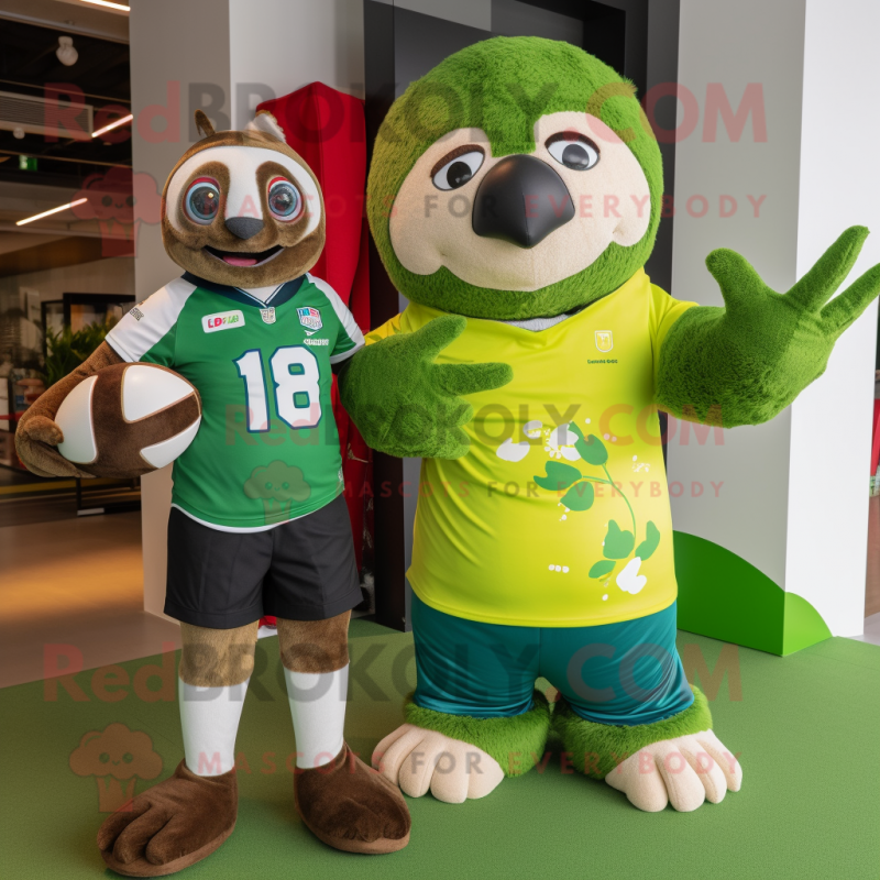 Lime Green Sloth mascot costume character dressed with a Rugby Shirt and Watches Lime Green Sloth mascot costume character dressed with a Rugby Shirt and Watches