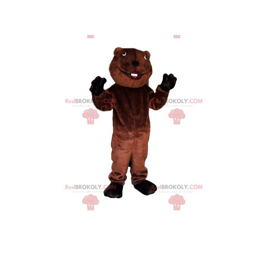 Mascotte castoro marrone con un enorme sorriso - Redbrokoly.com