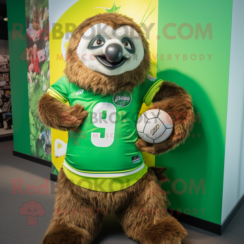 Lime Green Sloth mascot costume character dressed with a Rugby Shirt and Watches Lime Green Sloth mascot costume character dressed with a Rugby Shirt and Watches