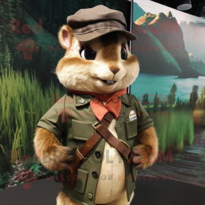 Olive Chipmunk mascot costume character dressed with a Waistcoat and Hat pins