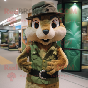 Olive Chipmunk mascot costume character dressed with a Waistcoat and Hat pins