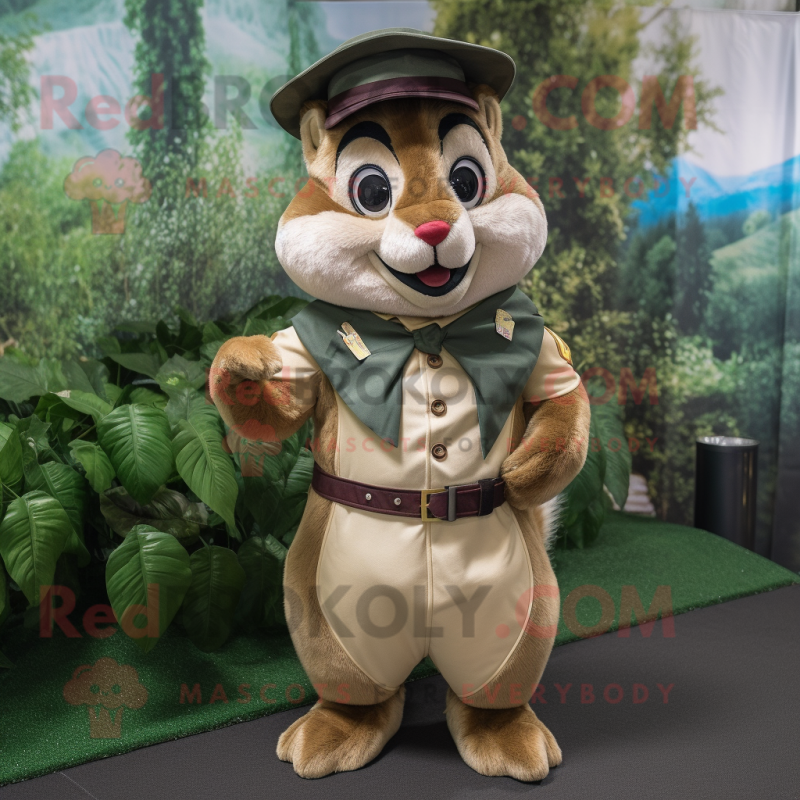 Olive Chipmunk mascot costume character dressed with a Waistcoat and Hat pins