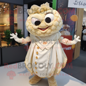 Beige Crab Cakes mascot costume character dressed with a Midi Dress and Wraps