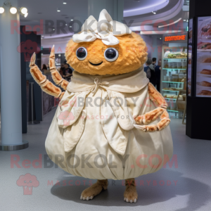 Beige Crab Cakes mascot costume character dressed with a Midi Dress and Wraps