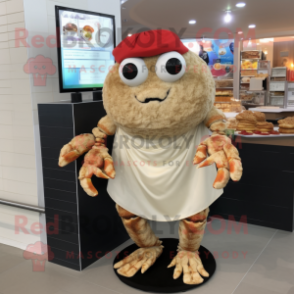 Beige Crab Cakes mascot costume character dressed with a Midi Dress and Wraps