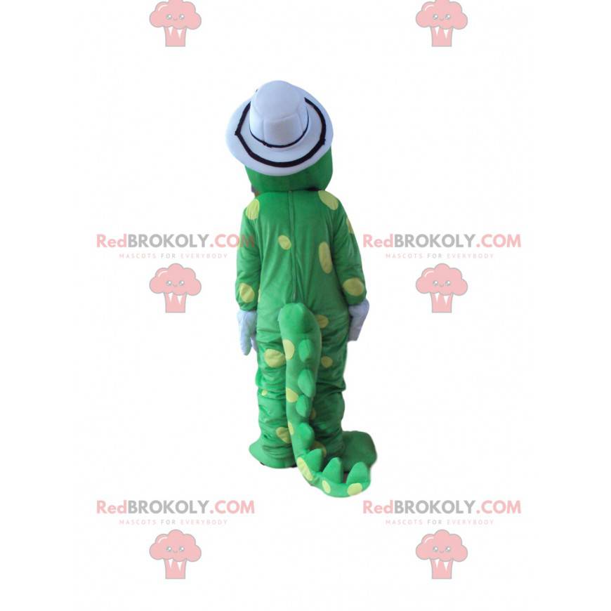 Green dinosaur mascot yellow polka dots with a white hat -