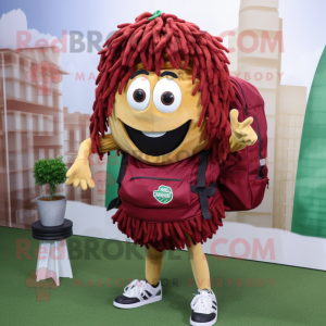 Maroon Pesto Pasta mascot costume character dressed with a Blouse and Backpacks