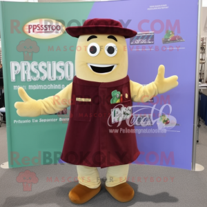 Maroon Pesto Pasta mascot costume character dressed with a Blouse and Backpacks