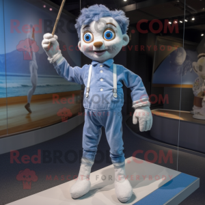 Silver Tightrope Walker mascot costume character dressed with a Denim Shorts and Gloves