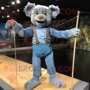 Silver Tightrope Walker mascot costume character dressed with a Denim Shorts and Gloves