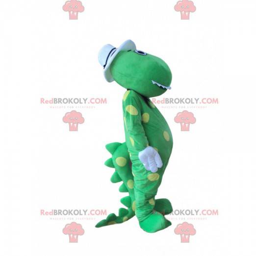 Green dinosaur mascot yellow polka dots with a white hat -