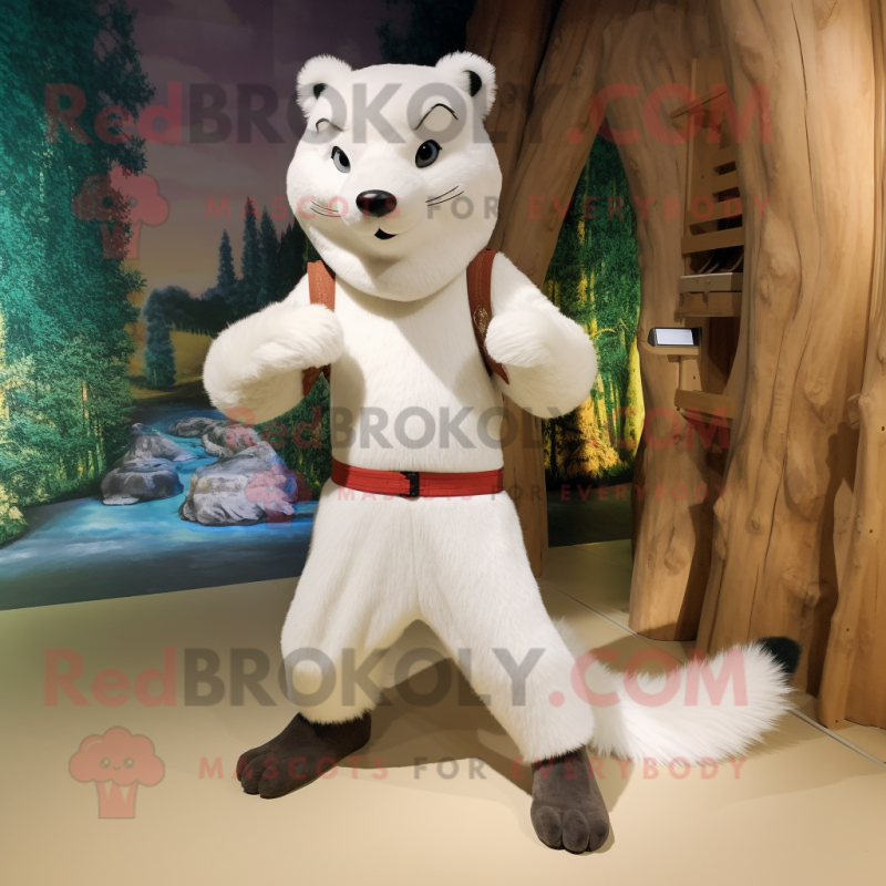 White Marten mascot costume character dressed with a Capri Pants and Cummerbunds White Marten mascot costume character dressed with a Capri Pants and Cummerbunds