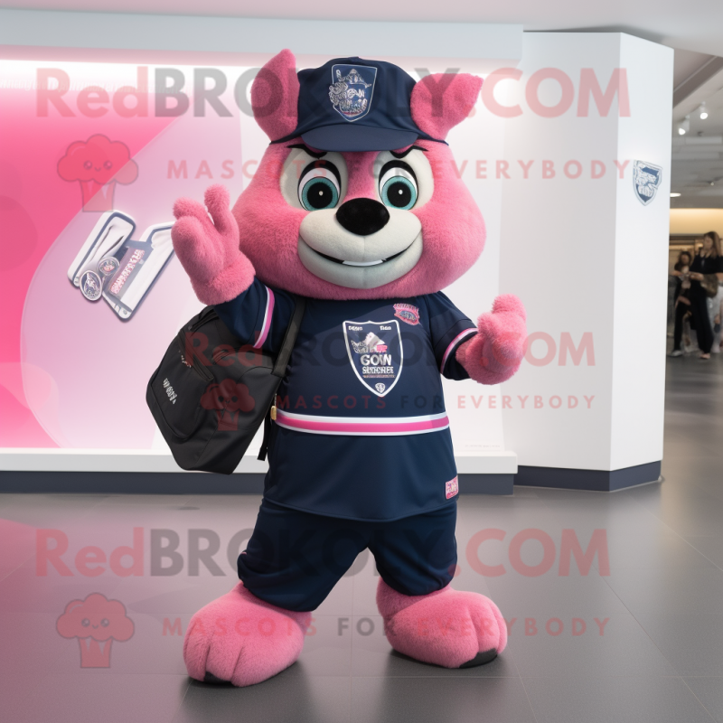 Navy Pink mascot costume character dressed with a V-Neck Tee and Backpacks Navy Pink mascot costume character dressed with a V-Neck Tee and Backpacks