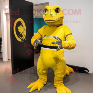 Lemon Yellow Komodo Dragon mascot costume character dressed with a Rash Guard and Smartwatches