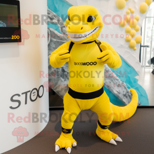 Lemon Yellow Komodo Dragon mascot costume character dressed with a Rash Guard and Smartwatches