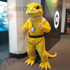 Lemon Yellow Komodo Dragon mascot costume character dressed with a Rash Guard and Smartwatches