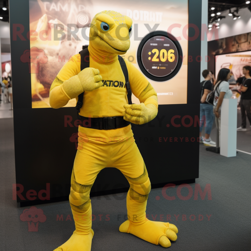 Lemon Yellow Komodo Dragon mascot costume character dressed with a Rash Guard and Smartwatches