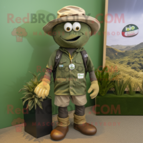 Olive Alliance mascot costume character dressed with a Rugby Shirt and Hat pins