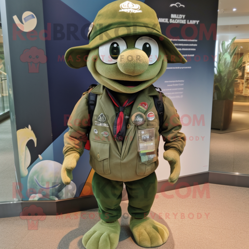 Olive Alliance mascot costume character dressed with a Rugby Shirt and Hat pins Olive Alliance mascot costume character dressed with a Rugby Shirt and Hat pins