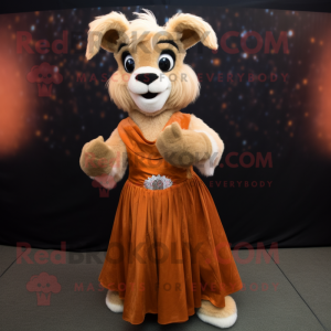 Rust Angora Goat mascot costume character dressed with a Ball Gown and Gloves