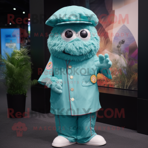 Teal Fried Rice mascot costume character dressed with a Button-Up Shirt and Hat pins