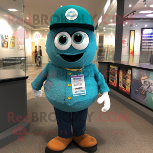 Teal Fried Rice mascot costume character dressed with a Button-Up Shirt and Hat pins