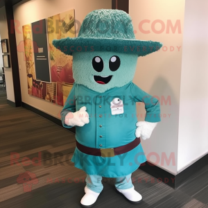 Teal Fried Rice mascot costume character dressed with a Button-Up Shirt and Hat pins