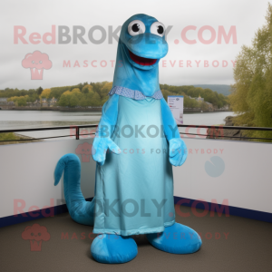 Sky Blue Loch Ness Monster mascot costume character dressed with a Maxi Skirt and Shoe laces