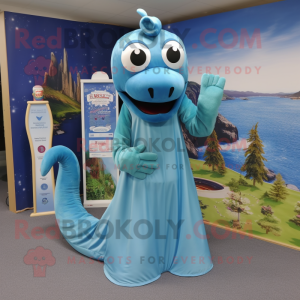 Sky Blue Loch Ness Monster mascot costume character dressed with a Maxi Skirt and Shoe laces