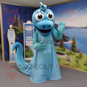 Sky Blue Loch Ness Monster mascot costume character dressed with a Maxi Skirt and Shoe laces