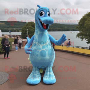 Sky Blue Loch Ness Monster mascot costume character dressed with a Maxi Skirt and Shoe laces