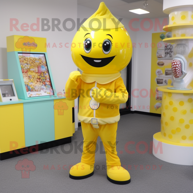 Yellow Candy Box mascot costume character dressed with a Jeggings and Brooches Yellow Candy Box mascot costume character dressed with a Jeggings and Brooches