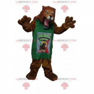 bardzo zaciekła maskotka lwa z zieloną koszulką - Redbrokoly.com