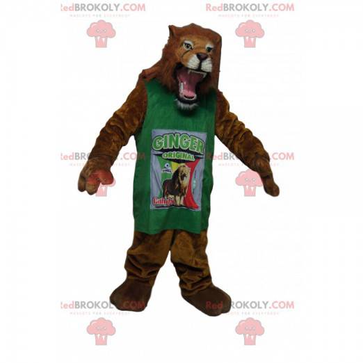 mascote leão muito feroz com uma camisa verde - Redbrokoly.com