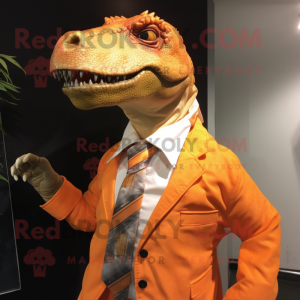 Orange Iguanodon mascot costume character dressed with a Blouse and Tie pins