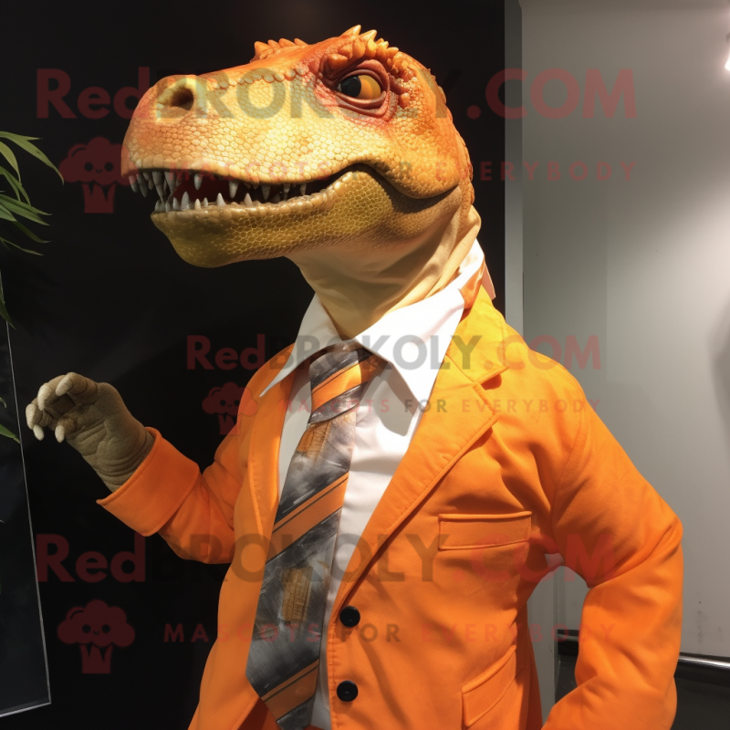 Orange Iguanodon mascot costume character dressed with a Blouse and Tie pins Orange Iguanodon mascot costume character dressed with a Blouse and Tie pins