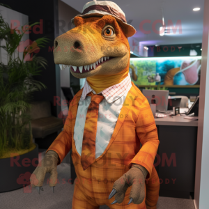 Orange Iguanodon mascot costume character dressed with a Blouse and Tie pins
