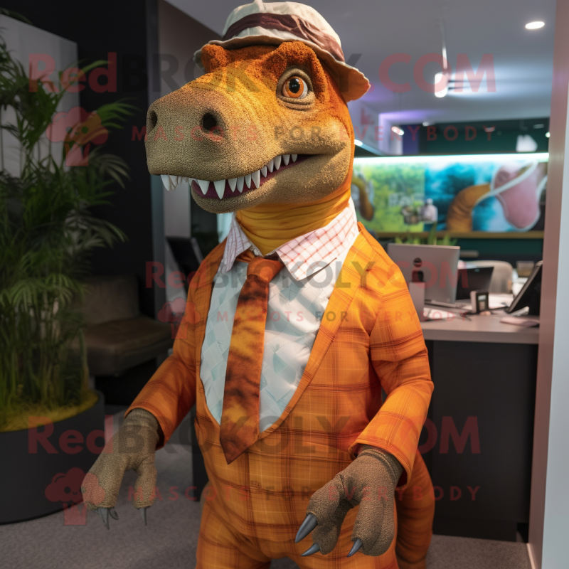 Orange Iguanodon mascot costume character dressed with a Blouse and Tie pins Orange Iguanodon mascot costume character dressed with a Blouse and Tie pins