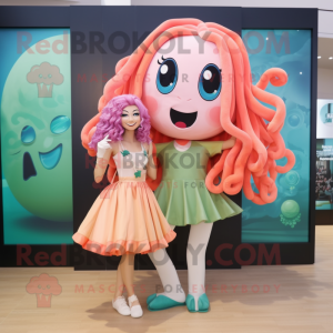 Peach Medusa mascot costume character dressed with a Mini Skirt and Ties